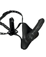 Lined Leather Ladies Strap On with External and Internal Dildos
