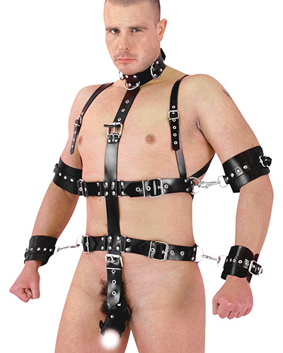 Bondage-Harness aus Leder mit Penishülle und Armfesseln