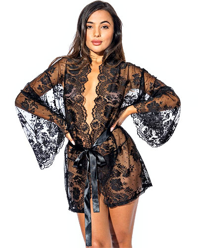 (Bild für) GRACEFUL Kimono aus schwarzer Blütenspitze mit G-String