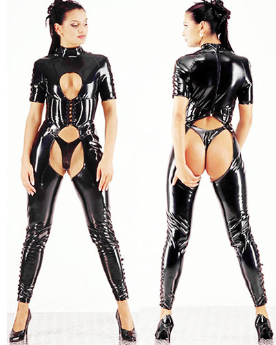 Catsuit aus Stretchlack in Chaps-Optik mit abnehmbarem String