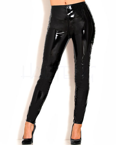 (Bild für) Enge schwarze Lackhose mit Reißverschluß durch den Schritt