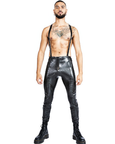 (Bild für) Leggings aus schwarzem Stretchlack mit Kroko-Print mit abnehmbaren Hosenträgern