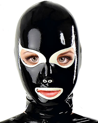 Haube aus dickem Latex mit Katzenaugen und Schnürung hinten