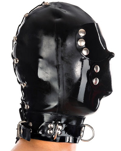 (Bild für) Bondagehaube aus 1mm-Latex mit Mund- und Augenklappen und RV
