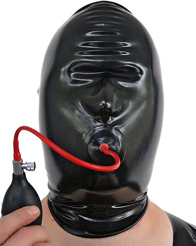 Fetischhaube aus Latex mit aufblasbarem Knebel