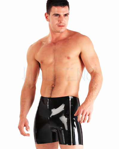 Boxer-Shorts aus geklebtem schwarzem Latex mit 2 RVs vorn