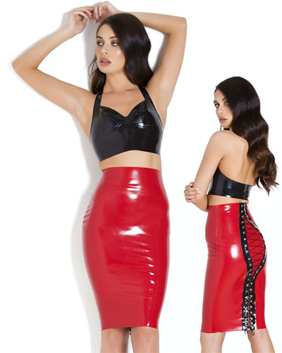 (Bild für) Mistress-Rock aus geklebtem rotem Latex mit schwarzer Schnürung