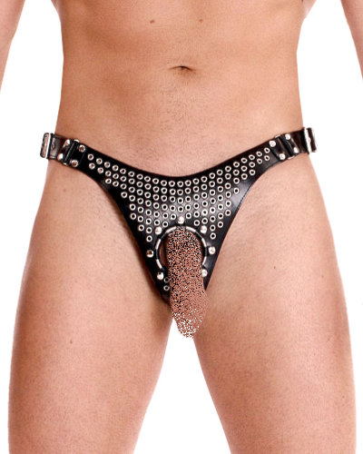 (Bild für) Harness-String aus festem Leder mit Nieten und Cockring