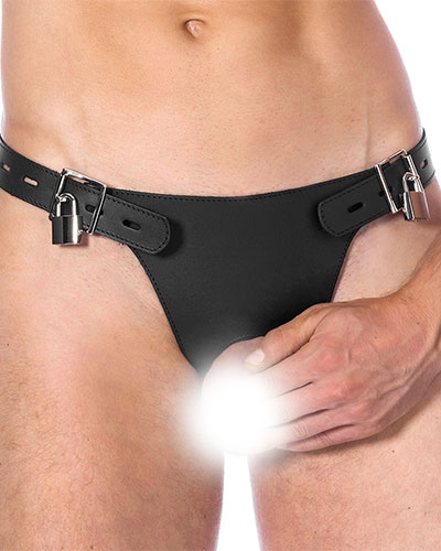 (Bild für) Abschließbarer Lederslip mit Penisöffnung und Analdildo
