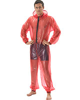 Ganzanzug aus rot-transparentem PVC mit Kapuze- weiterer Schnitt